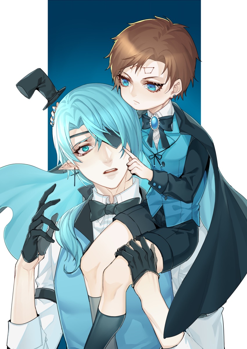 2boys absurdres bill_cipher black_bow black_bowtie black_cape black_gloves black_headwear black_shorts black_socks blue_background blue_eyes blue_gemstone blue_hair blue_nails blue_vest bow bowtie brooch brown_hair cape collared_shirt constellation cross cross_earrings dipper_gleeful dipper_pines earrings eyepatch facial_mark forehead_mark frown gem gloves gravity_falls hand_on_another&#039;s_head hand_on_another&#039;s_thigh hand_up hat highres jewelry kneehighs long_sleeves looking_at_another male_focus mini_hat mini_top_hat multiple_boys nail_polish one_eye_covered parted_lips personification pointy_ears poking reverse_falls_(gravity_falls) rjun1431 shirt short_hair shorts sitting sitting_on_shoulder socks tearing_up top_hat traditional_bowtie two-sided_cape two-sided_fabric upper_body vest white_shirt will_cipher