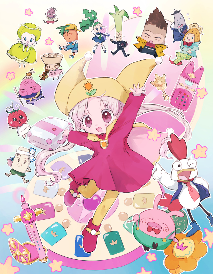 1girl :d absurdres araessa bird boots briefcase brooch cape character_request child commentary_request dot_nose dress duck hands_up hano_luno hat highres holding holding_briefcase horesore jester_cap jewelry long_hair long_sleeves magical_girl open_hand open_mouth pantyhose parted_bangs pig pink_boots pink_dress pink_eyes pink_hair pom_pom_(clothes) princess_silver smile standing standing_on_one_leg sutonsuton twintails two-sided_cape two-sided_fabric wand winged_footwear yellow_cape yellow_hat yellow_pantyhose yume_no_crayon_oukoku