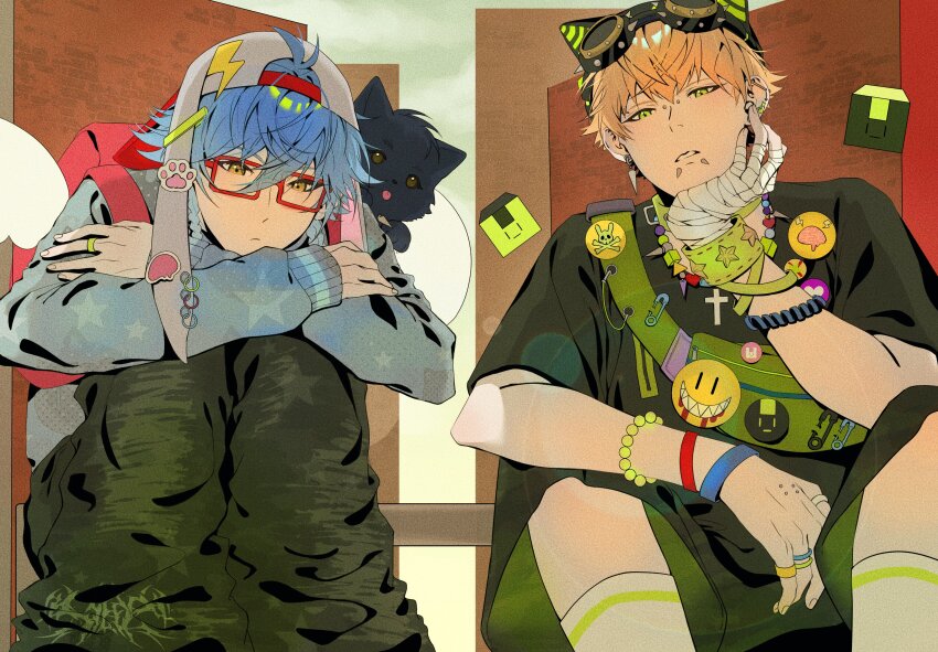 2boys absurdres alternate_costume animal animal_on_shoulder badge baggy_clothes baggy_pants bandaged_hand bandages bespectacled black_pants blonde_hair blue_hair blue_sweater bracelet bridge_piercing button_badge closed_mouth commentary crossed_arms dog dot_nose dramatical_murder ear_piercing earrings fanny_pack glasses goggles goggles_on_head grin hair_between_eyes hashtag-only_commentary hat highres jewelry labret_piercing lightning_bolt_symbol long_sleeves looking_ahead male_focus multiple_boys multiple_bracelets multiple_earrings noiz_(dramatical_murder) pants piercing rectangular_eyewear red-framed_eyewear ring safety_pin sei_(dramatical_murder) seragaki_aoba sharp_teeth sheep85288317 shorts sitting sleeves_past_wrists smile smiley_face socks star_(symbol) striped_clothes striped_socks sweater teeth two-sided_shorts yellow_eyes