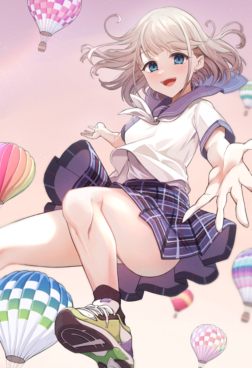1girl absurdres aircraft ass bare_legs black_socks blush earrings floating_hair foreshortening grey_hair highres hot_air_balloon idolmaster idolmaster_shiny_colors jewelry looking_at_viewer neckerchief plaid_clothes plaid_skirt pleated_skirt reaching reaching_towards_viewer school_uniform serafuku serizawa_asahi shirousagi_una shoes skirt smile sneakers socks solo white_neckerchief