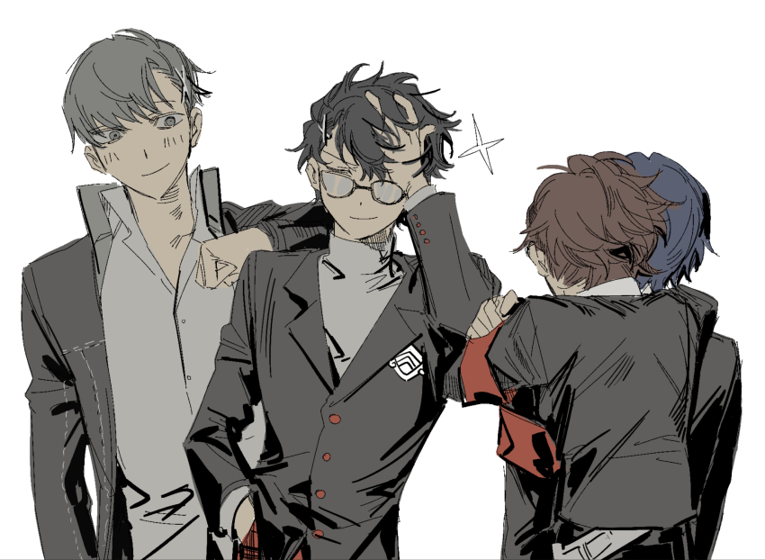 192_saioma 1girl 3boys amamiya_ren armband black_hair blue_hair blush brown_hair closed_eyes gekkoukan_high_school_uniform glasses grey_eyes grey_hair hand_in_own_hair highres hug hug_from_behind jacket looking_at_another multiple_boys narukami_yu open_clothes open_jacket persona persona_3 persona_3_portable persona_4 persona_5 ponytail s.e.e.s school_uniform shiomi_kotone shirt short_hair short_ponytail shuujin_academy_school_uniform sketch smile sparkle upper_body white_background yuuki_makoto_(persona_3)