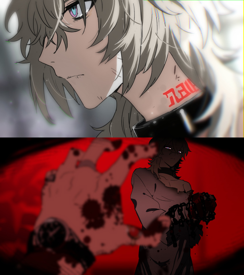 1boy 1other angry aventurine_(honkai:_star_rail) blonde_hair blood blood_on_hands blue_eyes cuffs from_side grey_background grey_shirt highres honkai:_star_rail honkai_(series) kakavasha_(honkai:_star_rail) looking_at_another male_focus multicolored_eyes neck_tattoo outstretched_hand pirohi_(pirohi214) portrait purple_eyes red_background shackles shirt spoilers tattoo torn_clothes two-tone_eyes upper_body