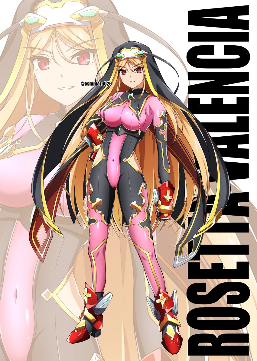 1girl absurdres blonde_hair bodysuit breasts character_name covered_navel fingerless_gloves full_body gloves hand_on_own_hip highres large_breasts long_hair looking_at_viewer original oshimaru026 red_eyes smile solo standing very_long_hair zoom_layer
