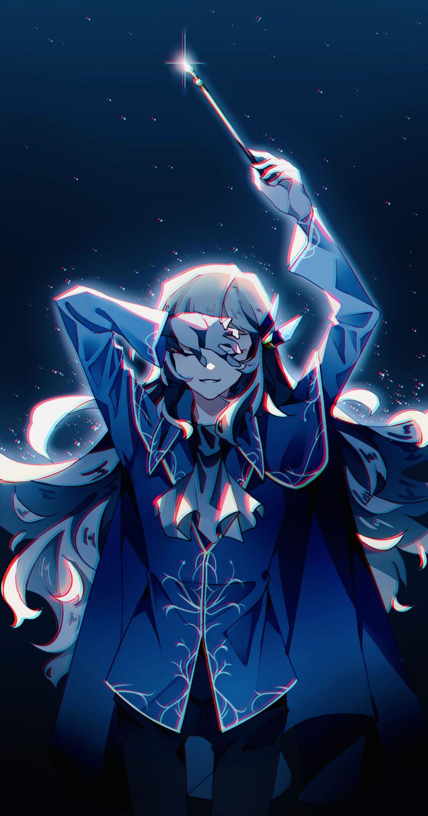 1boy absurdres androgynous argalia_(project_moon) arm_above_head arms_up ascot backlighting black_pants blue_background blue_cape blue_jacket cape chromatic_aberration closed_eyes commentary conductor_baton ear_ornament english_commentary floating_hair glint gloves glowing gold_trim hand_over_face heavy_chromatic_aberration highres jacket lawrece library_of_ruina light_particles light_smile long_hair long_sleeves making-of_available male_focus ouji_fashion pants project_moon sidelocks simple_background skinny smile solo thigh_gap variant_set very_long_hair white_ascot white_hair wingtip_collar