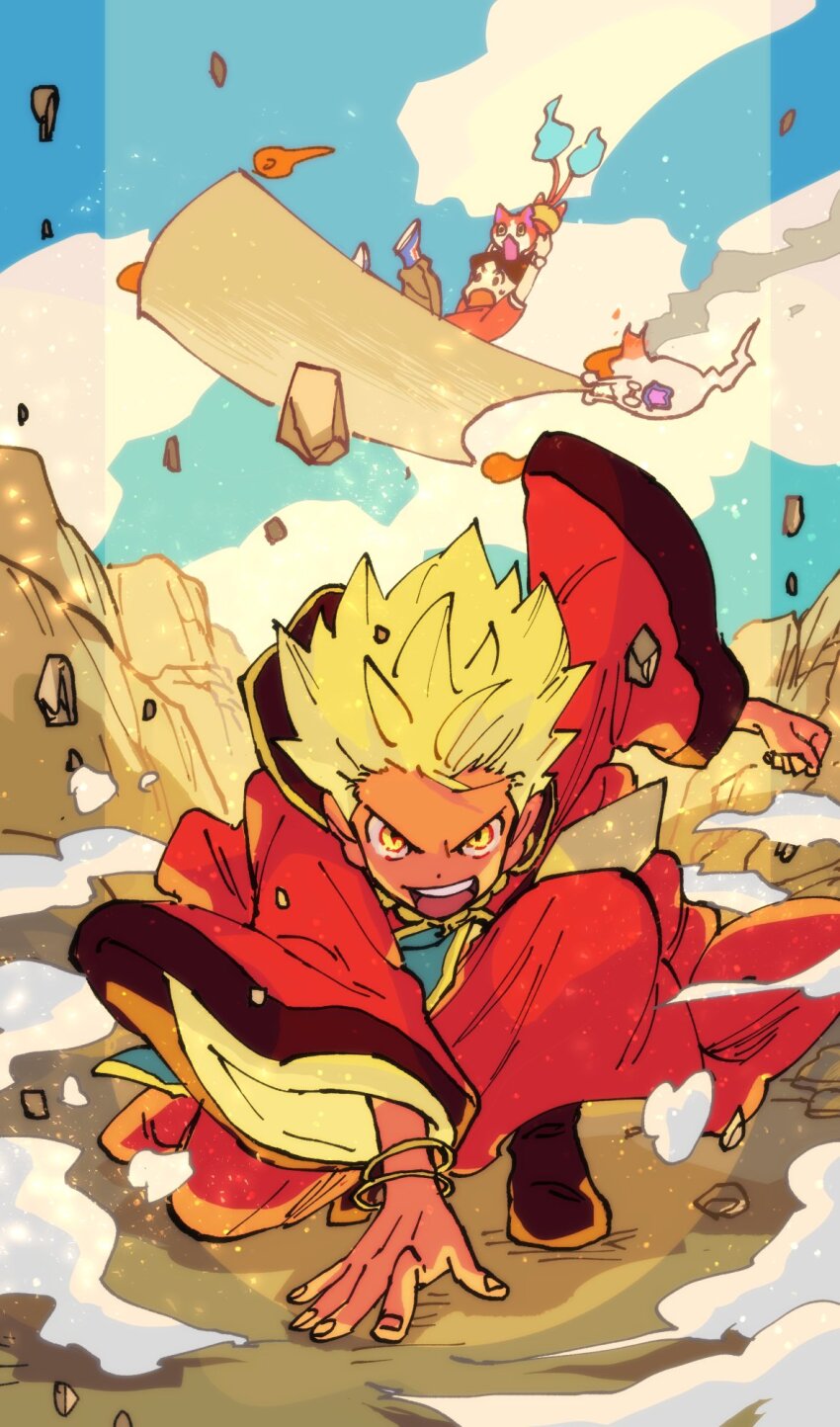 2boys amano_keita behind_another blonde_hair blue_sky blur_layer border bracelet cloud coat day dot_nose enma_daiou_(youkai_watch) f7_(000000f7) falling furisode_sleeves geokinesis ground_shatter hand_on_ground hand_up highres jewelry jibanyan long_sleeves looking_ahead looking_at_viewer male_focus multiple_boys on_one_knee open_mouth outdoors red_coat shoes sky smoke solo_focus sparkle spiked_hair straight-on superhero_landing teeth transparent_border upper_teeth_only v-shaped_eyes whisper_(youkai_watch) yellow_eyes youkai_(youkai_watch) youkai_watch