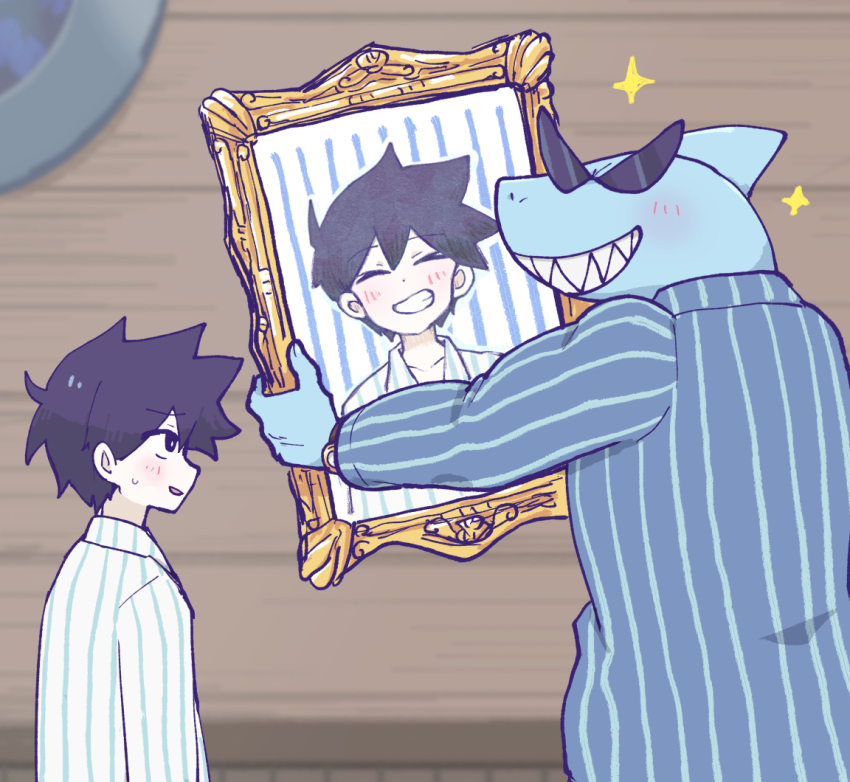 2boys blush bright_pupils doroidsan grin hero_(headspace)_(omori) hero_(omori) long_sleeves looking_at_another mr._jawsum multiple_boys omori pajamas parted_lips portrait_(object) purple_eyes purple_hair shark_boy sharp_teeth short_hair smile sunglasses teeth white_pupils