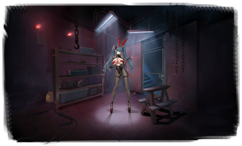 1girl absurdres animal_ears ankle_strap areola_slip azur_lane bikini black_bodysuit black_gloves black_leotard black_pantyhose blue_hair bodysuit breasts center_opening demon_tail dominatrix doorway dragon_girl eyepatch_bikini fake_animal_ears gloves hair_between_eyes hair_ornament high_heels highleg highleg_leotard highres holding horns indoors large_breasts leather_leotard leotard long_hair looking_at_viewer non-web_source official_art open_door pantyhose platform_footwear pointy_ears rabbit_ears red_bikini regensburg_(azur_lane) regensburg_(the_dark_dragon&#039;s_dungeon)_(azur_lane) riding_crop smile solo swimsuit tail thigh_strap twintails yd_(orange_maru) yellow_eyes