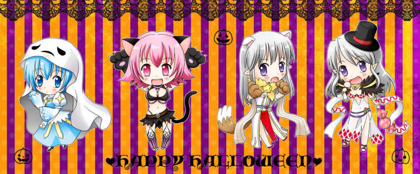 4girls :d animal animal_around_neck animal_ears animal_hands arch_bishop_(ragnarok_online) argyle_clothes argyle_dress black_hat black_skirt blue_dress blue_eyes blue_hair blush breasts candy cat_ears cat_girl cat_tail closed_mouth commentary_request cross detached_sleeves dress food fox full_body ghost_costume gloves guillotine_cross_(ragnarok_online) halloween happy_halloween hat juliet_sleeves large_breasts long_hair long_sleeves looking_at_viewer meruya_(catcan) multiple_girls open_mouth orange_background paw_gloves pelvic_curtain pink_eyes pink_hair pointy_ears professor_(ragnarok_online) puffy_sleeves purple_eyes ragnarok_online sheet_ghost short_hair side_slit skirt sleeveless sleeveless_dress smile sorcerer_(ragnarok_online) striped_background striped_sleeves tail top_hat two-tone_dress white_dress white_hair white_sleeves wrapped_candy