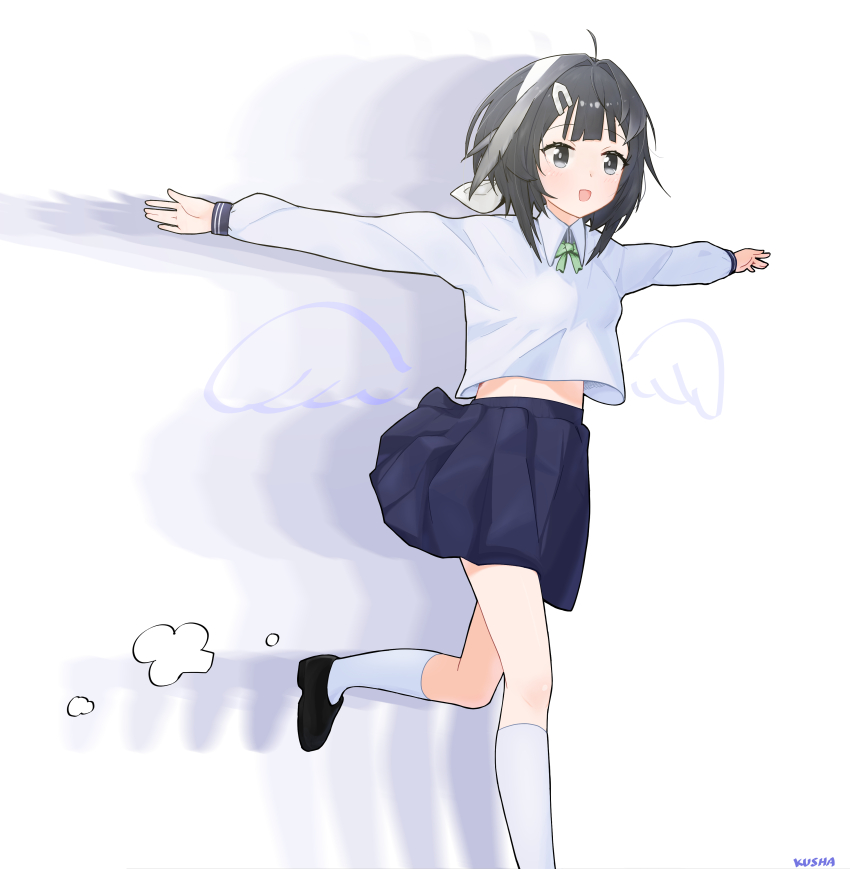 1girl :d absurdres afterimage ahoge arknights artist_name black_eyes black_hair black_shoes blue_skirt blush bow bowtie collared_shirt dot_nose drawn_wings foot_out_of_frame foot_up from_side green_bow green_bowtie hair_bow hair_intakes highres kneehighs kushaaaa4 la_pluma_(arknights) long_sleeves looking_ahead medium_hair midriff_peek mini_wings miniskirt open_hands open_mouth outstretched_arms pleated_skirt running school_uniform shirt shirt_overhang shoes sidelocks simple_background skirt sleeve_cuffs smile socks solo white_background white_bow white_socks wings