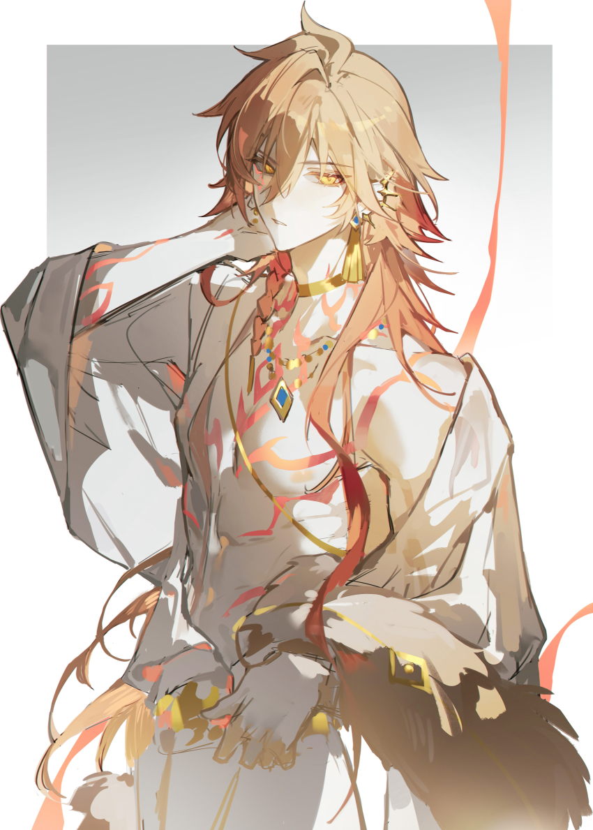 1boy absurdres alternate_costume arm_tattoo blonde_hair braid chest_tattoo chinese_commentary commentary_request earrings facial_tattoo gold_earrings gold_necklace gradient_hair hair_between_eyes hand_on_own_head highres honkai:_star_rail honkai_(series) iron_hailai jewelry long_hair looking_at_viewer male_focus multicolored_hair mydei_(honkai:_star_rail) necklace red_hair red_tattoo robe side_braid solo tattoo very_long_hair white_robe yellow_eyes
