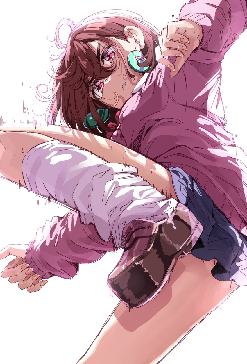 1girl ayase_momo blue_skirt bow brown_hair brown_shoes cardigan dandadan disk_earrings highres imminent_kick leg_up loafers looking_at_viewer loose_socks miniskirt motion_lines nyoijizai pink_cardigan purple_eyes red_bow shoes short_hair skirt socks solo white_background