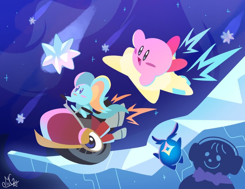 blush_stickers colored_skin earmuffs elfilin highres kirby kirby_(series) kirby_air_ride kirby_air_riders kirby_and_the_forgotten_land nintendo no_humans octomage pink_skin shooting_star signature snowman star_(sky) warp_star wheelie_(kirby)