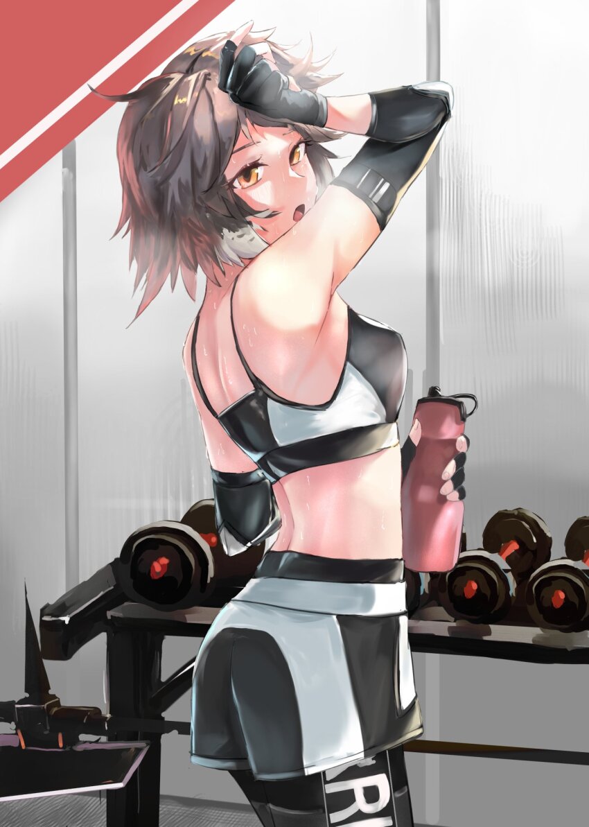 1girl arknights bird_girl black_gloves black_leggings black_shorts black_sports_bra bottle breath brown_hair compression_sleeve dumbbell exercising feather_hair fingerless_gloves from_side gloves gym halberd heavy_breathing highres kirisame_tarou leggings leggings_under_shorts multicolored_shorts multicolored_sports_bra open_mouth plume_(arknights) plume_(easy_time)_(arknights) polearm short_hair shorts solo sports_bra sweat water_bottle weapon white_shorts white_sports_bra wiping_sweat yellow_eyes