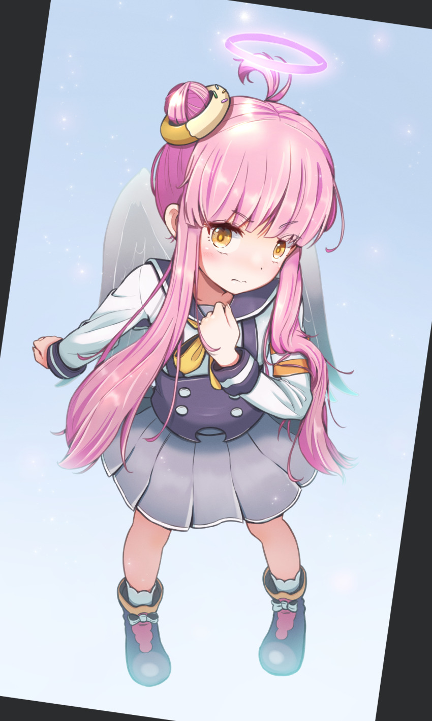1girl arm_at_side black_footwear black_vest black_wings blunt_bangs blush brown_eyes closed_mouth collared_shirt embarrassed food-themed_hair_ornament full_body grey_skirt hair_bun hair_ornament halo highres jazz_grace light_particles long_sleeves neckerchief nina_(puyopuyo) orange_neckerchief pink_hair pink_halo puyopuyo puyopuyo_quest shirt short_hair_with_long_locks single_hair_bun skirt smile socks solo vest white_shirt white_socks wings