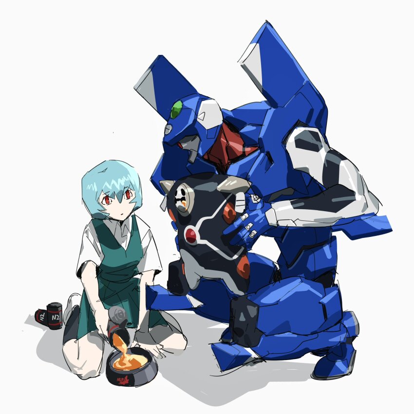 1girl ayanami_rei bowl food highres mecha neon_genesis_evangelion pet_bowl pet_food pipebomb_(cracker68659106) red_eyes robot solo white_background