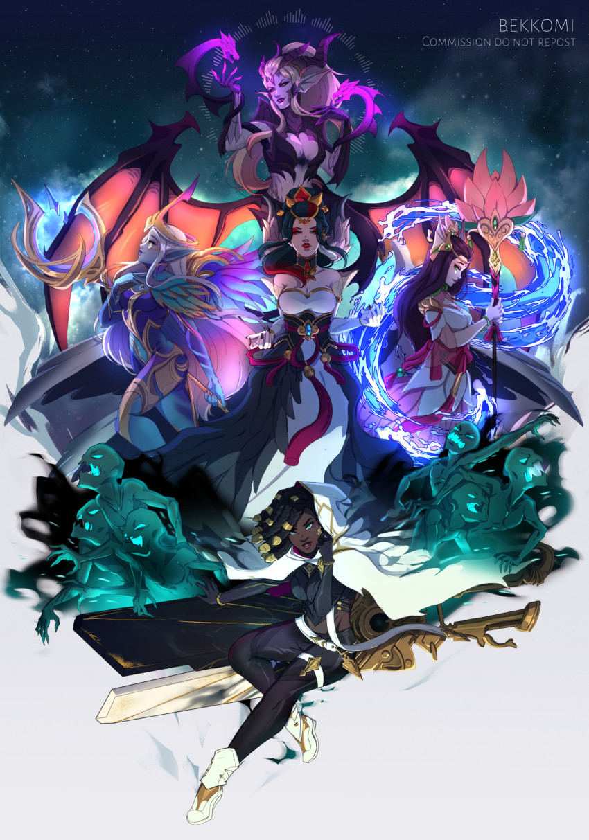 5girls arm_up bare_shoulders bekkomi black_hair blonde_hair breasts brown_hair cleavage creature dark-skinned_female dark_skin dawnbringer_soraka dragon_sorceress_zyra dreadlocks dress from_side ghoul gun hair_ornament hand_up highres holding holding_staff holding_weapon horns large_breasts league_of_legends long_hair looking_at_viewer magic majestic_empress_morgana morgana_(league_of_legends) multiple_girls nami_(league_of_legends) official_alternate_costume ponytail profile senna_(league_of_legends) smile soraka_(league_of_legends) splendid_staff_nami staff water weapon wings zyra