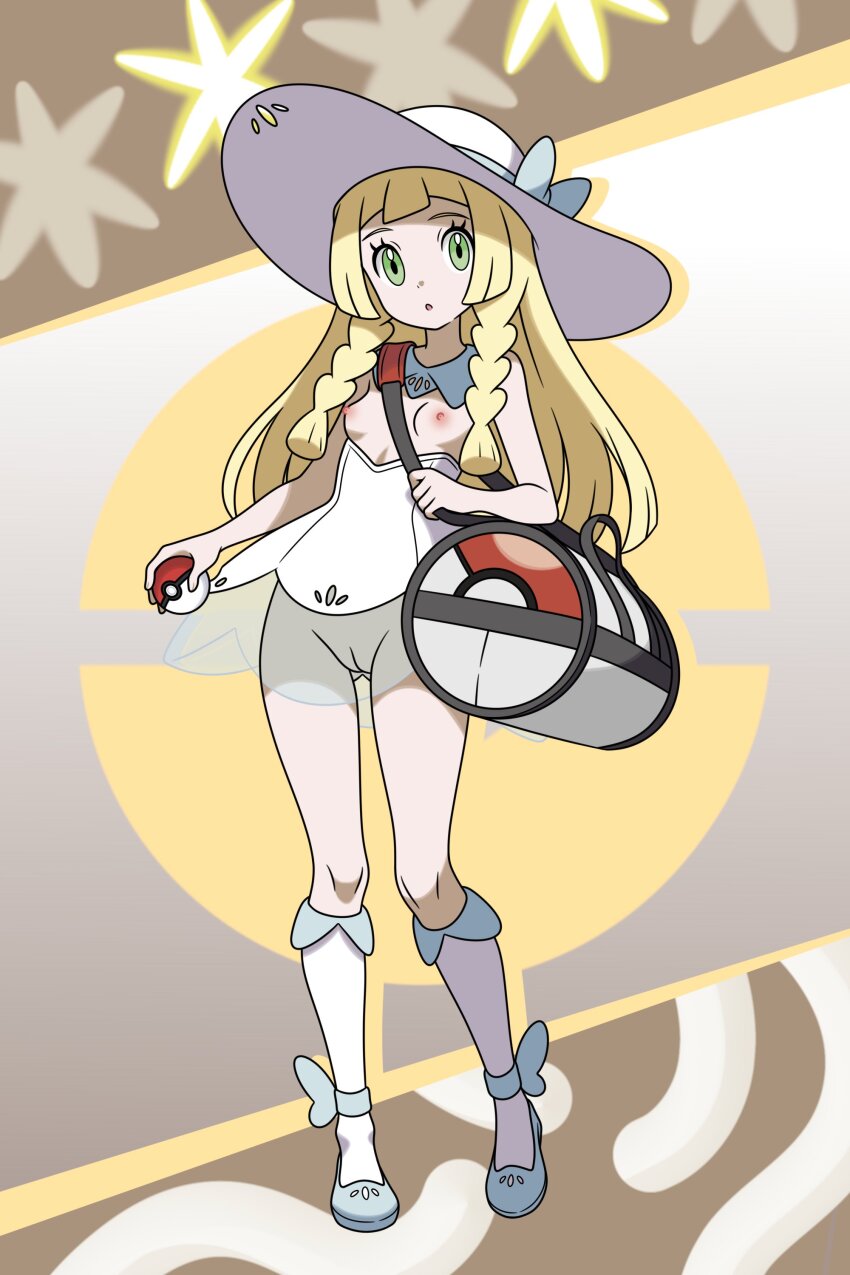 1girl :o absurdres adapted_costume bag blonde_hair blue_collar blue_ribbon blue_shoes braid breasts breasts_out cleft_of_venus collar detached_collar dress duffel_bag female_focus full_body functionally_nude gluteal_fold gradient_background green_eyes hat highres holding holding_bag holding_poke_ball hoshi_wo_miru lillie_(pokemon) loli long_hair looking_at_viewer nintendo no_bra no_panties poke_ball poke_ball_(basic) poke_ball_print pokemon pokemon_sm pussy revealing_clothes ribbon see-through_clothes see-through_skirt shoes sidelocks skirt small_breasts socks solo standing sun_hat thigh_gap twintails uncensored white_dress white_hat white_socks