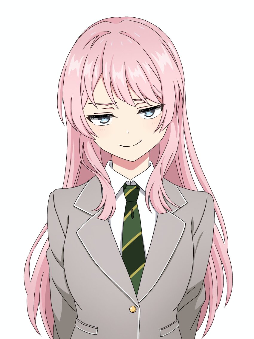 1girl a_whydc bang_dream! bang_dream!_it&#039;s_mygo!!!!! blazer blush chihaya_anon closed_mouth collared_shirt commentary diagonal-striped_clothes diagonal-striped_necktie green_necktie grey_eyes grey_jacket hashtag-only_commentary highres jacket long_hair looking_at_viewer necktie pink_hair scene_reference shirt simple_background smile solo striped_clothes tokidoki_bosotto_roshia-go_de_dereru_tonari_no_alya-san upper_body white_background white_shirt