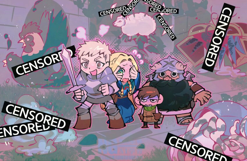 1girl 3boys :d armor bar_censor barometz_(dungeon_meshi) basilisk beard bird black_eyes black_hair black_pants blonde_hair blue_capelet blue_robe blush boots braid brown_hair brown_shoes capelet censored chicken chilchuck_tims clenched_teeth commentary covering_own_eyes curtained_hair disgust doppelganger_(dungeon_meshi) dungeon_meshi dwarf excited facial_hair fake_horns flower flying_sweatdrops full-face_blush furrowed_brow gapamopa gorget grass green_eyes half-closed_eyes halfling helmet hermit_crab highres holding holding_sword holding_weapon horned_helmet horns knee_pads laios_touden large_ears long_beard long_hair marcille_donato mimic multiple_boys mustache neck_warmer octopus open_mouth pants panty_&amp;_stocking_with_garterbelt parody pauldrons plant plate_armor robe sandals senshi_(dungeon_meshi) sheep shoes short_hair shoulder_armor slime_(creature) smile snake_tail stone_floor stone_wall style_parody sweatdrop sword tail teeth tentacles twin_braids vambraces very_long_beard weapon white_pants