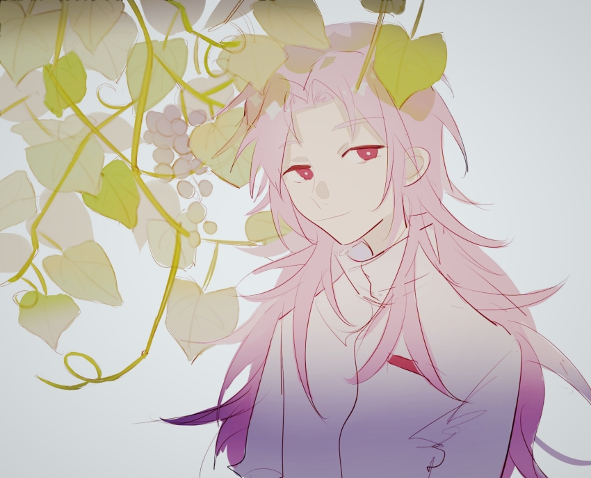 1boy bright_pupils closed_mouth food fruit grape_vine grapes hai_(1210080) hatsutori_hajime high_collar highres long_hair long_sleeves male_focus parted_bangs pink_hair red_eyes saibou_shinkyoku shirt smile solo upper_body white_background white_pupils white_shirt