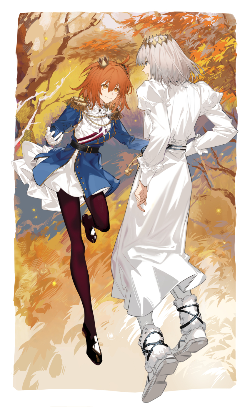 1boy 1girl ahoge aiguillette arlizi arm_at_side autumn autumn_leaves belt black_belt black_brooch black_footwear black_pantyhose black_scrunchie blue_eyes blue_jacket boots bow bowtie caterpillar closed_mouth commentary crown dress epaulettes eye_contact fate/grand_order fate_(series) forest fujimaru_ritsuka_(female) fujimaru_ritsuka_(female)_(halloween_royalty) full_body fur-trimmed_boots fur_trim gloves gold_trim grass grey_hair hair_between_eyes highres jacket juliet_sleeves leaf leg_up long_sleeves looking_at_another medium_hair mini_crown nature oberon_(fate) oberon_(second_ascension)_(fate) open_mouth orange_eyes orange_hair outdoors pantyhose puffy_sleeves scrunchie shoes side_ponytail sleeve_cuffs smile sweatdrop tassel tree white_bow white_bowtie white_dress white_footwear white_gloves