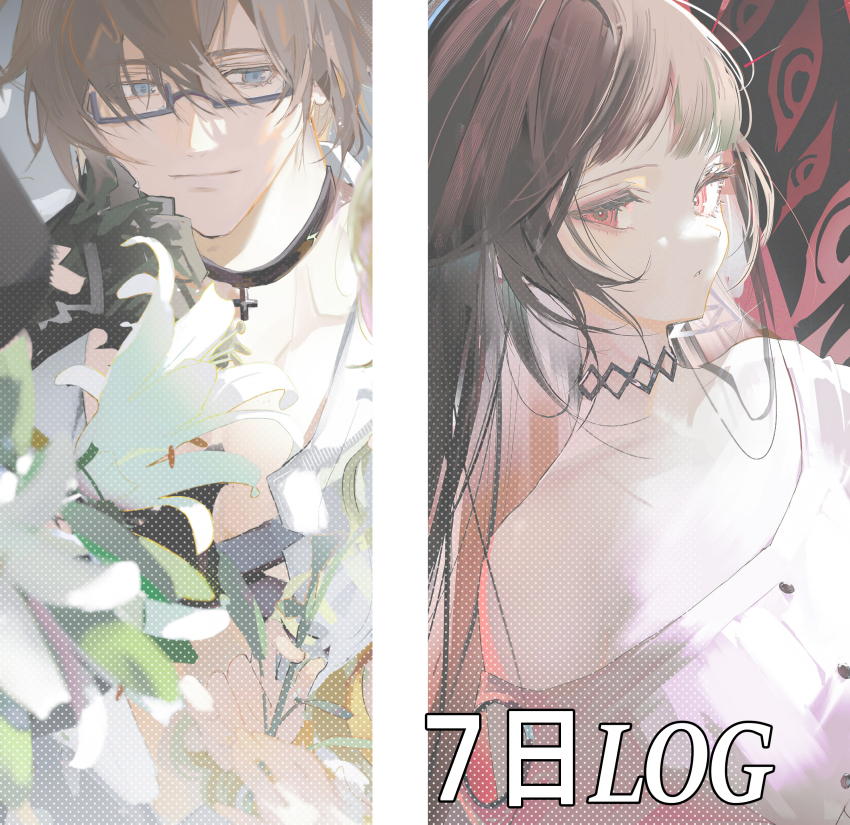 1boy 1girl absurdres beatrice_(forever_7th_capital) black_choker black_gloves black_hair blue_eyes blunt_bangs brown_hair choker flower forever_7th_capital glasses gloves hair_between_eyes highres long_hair red_eyes rrrr_222 seth_(forever_7th_capital) shirt upper_body white_flower white_lily