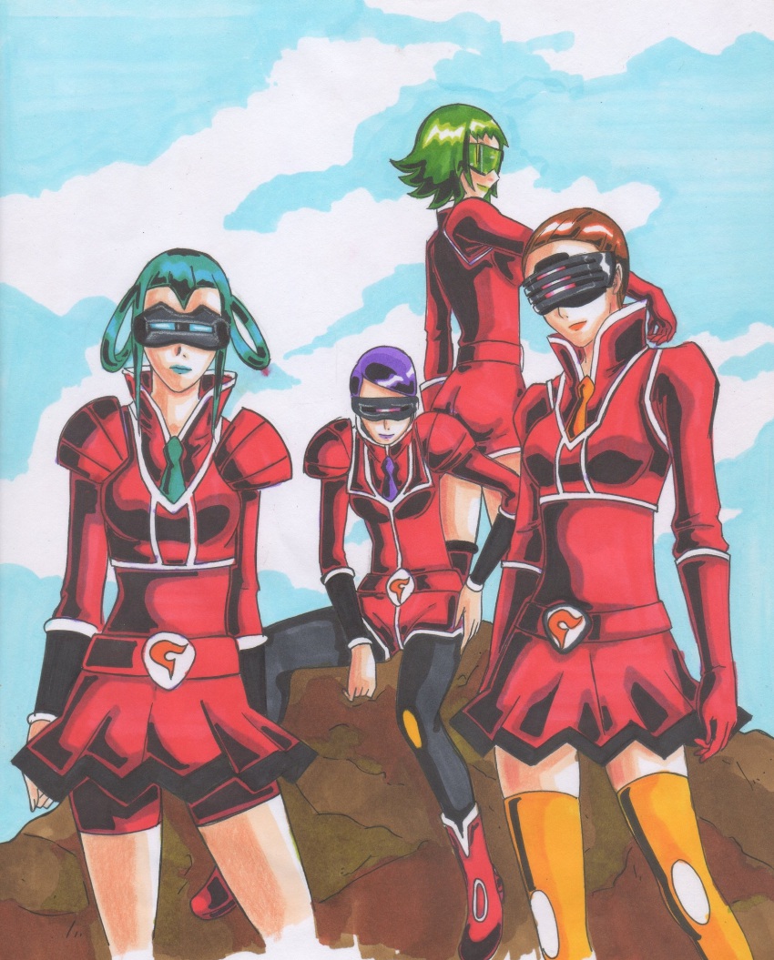 10s 4girls absurdres aliana_(pokemon) belt belt_buckle bike_shorts blue-tinted_eyewear blue_bow blue_bowtie blue_hair boots bow bowtie brown_hair bryony_(pokemon) buckle celosia_(pokemon) cloud cloudy_sky dress glasses gloves green-tinted_eyewear green_bow green_bowtie green_hair hair_rings highres jhonb lipstick mable_(pokemon) makeup multiple_girls nintendo pantyhose pokemon pokemon_xy purple-tinted_eyewear purple_hair red-tinted_eyewear sky team_flare thighhighs tinted_eyewear uniform vambraces visor