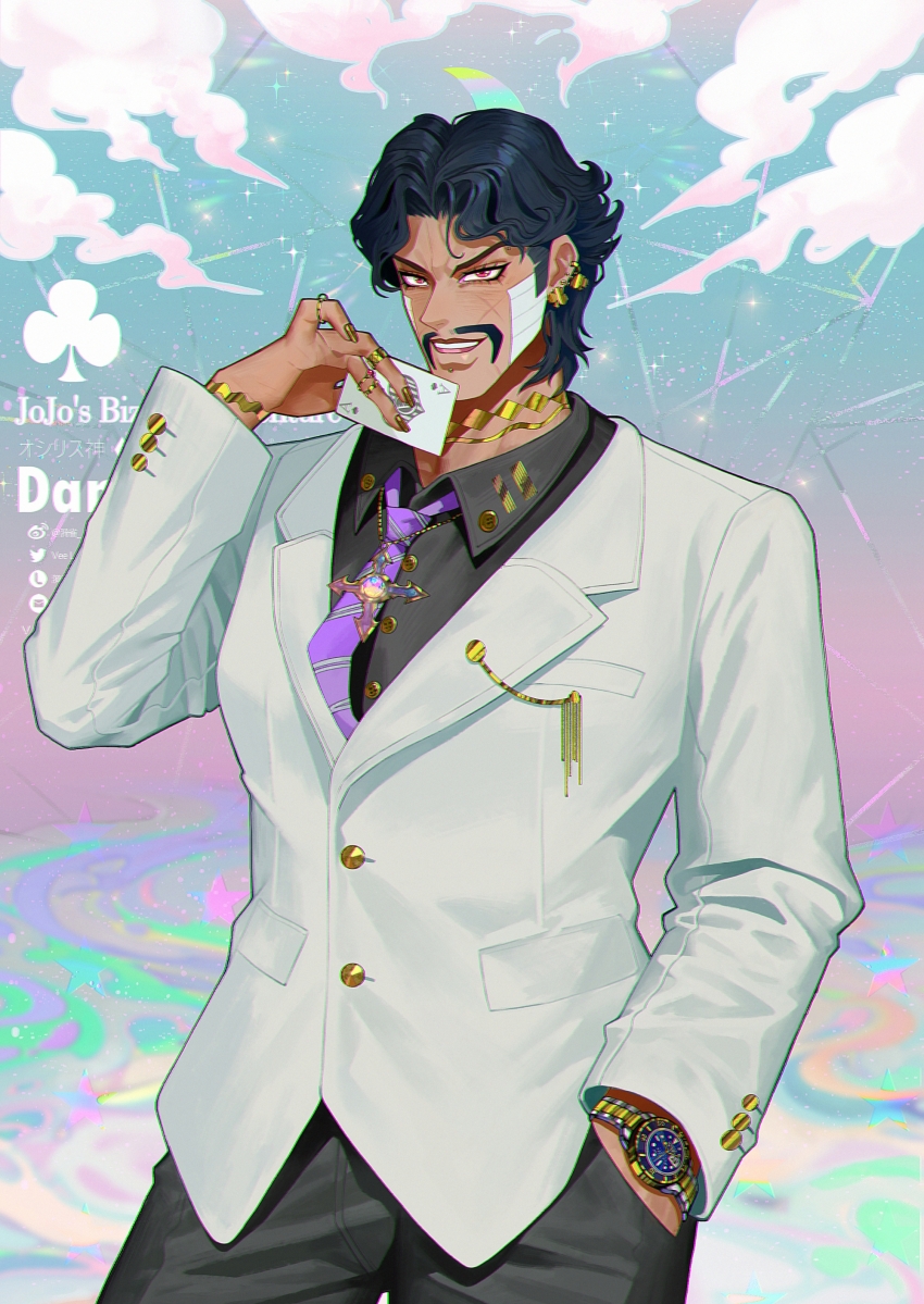 1boy absurdres artist_name black_hair black_pants black_shirt bracelet card character_name chromatic_aberration clover clover_earrings collar collared_shirt copyright_name cowboy_shot cross_scar daniel_j._d&#039;arby dark-skinned_male dark_skin earrings eyelashes facial_hair gold_bracelet gold_collar gold_earrings gold_nails gold_ring hand_up highres holding holding_card jacket jewelry jojo_no_kimyou_na_bouken lofter_logo lofter_username looking_at_viewer male_focus multiple_rings mustache necklace necktie open_mouth pants purple_necktie red_eyes ring scar scar_on_face shirt short_hair sideburns smirk solo stardust_crusaders striped_necktie twitter_logo twitter_username veela watch weibo_username white_jacket wing_collar wristwatch