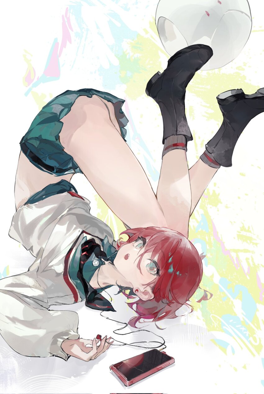 1girl amate_yuzuriha aqua_eyes cellphone collared_shirt commentary earphones full_body gundam gundam_gquuuuuux haro highres holding holding_earphones looking_at_viewer necktie non-humanoid_robot open_mouth phone red_hair robot school_uniform shirt shoes short_hair skirt smartphone sweater symbol-only_commentary upside-down zombie_ke