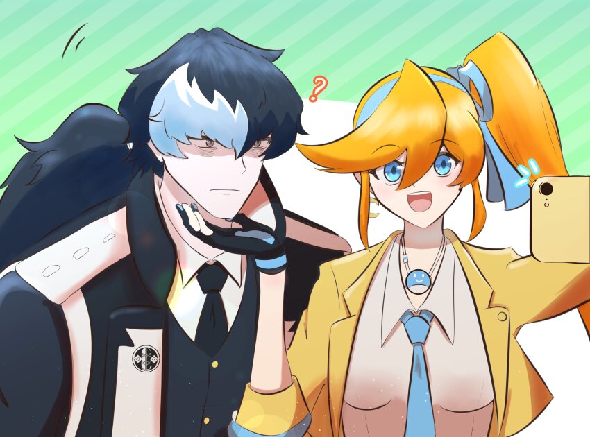 1boy 1girl :d ? absurdres ace_attorney athena_cykes bags_under_eyes black_gloves black_hair black_jacket black_necktie blue_bow blue_eyes blue_hairband blue_necktie bow bow_hairband cellphone closed_mouth collared_shirt crescent crescent_earrings earrings gloves hair_between_eyes hair_bow hairband highres holding holding_phone jacket jewelry long_hair multicolored_hair necklace necktie open_clothes open_jacket open_mouth orange_hair partially_fingerless_gloves phone ponytail potato_gs selfie shirt side_ponytail simon_blackquill single_earring smartphone smile teeth two-tone_hair upper_body upper_teeth_only white_hair white_shirt yellow_jacket