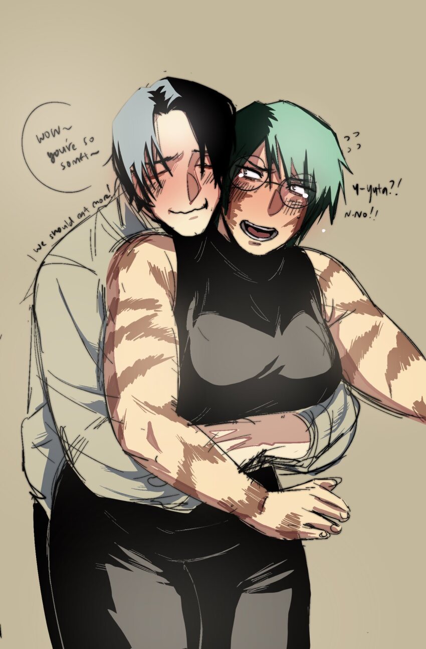 1boy 1girl couple eclipseshere happy highres hug hug_from_behind jujutsu_kaisen muscular muscular_female okkotsu_yuuta scar scar_on_face short_hair simple_background thick_thighs thighs zen&#039;in_maki