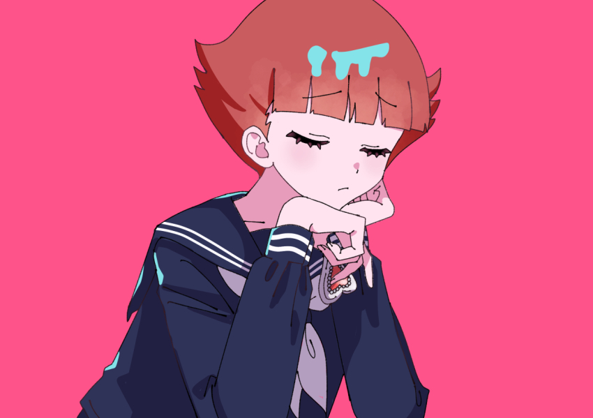 1girl 31061_satorui blunt_bangs closed_eyes commentary_request esper_mami flipped_hair hand_on_own_cheek hand_on_own_face head_on_hand head_rest long_sleeves pink_background red_hair sakura_mami school_uniform serafuku short_hair solo upper_body