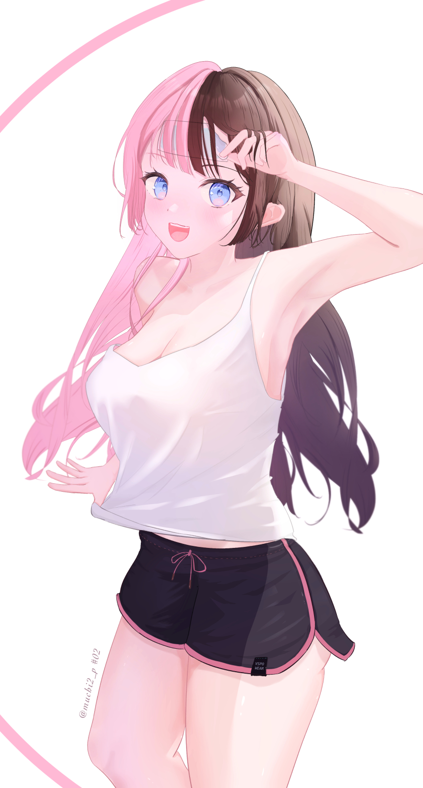 1girl :d absurdres armpits artist_name ass black_shorts breasts brown_hair cold_pack dolphin_shorts highres large_breasts long_hair looking_at_viewer muchi2p multicolored_hair no_bra open_mouth pink_hair short_shorts shorts smile solo split-color_hair strap_slip tachibana_hinano tank_top two-tone_hair very_long_hair virtual_youtuber vspo! white_tank_top