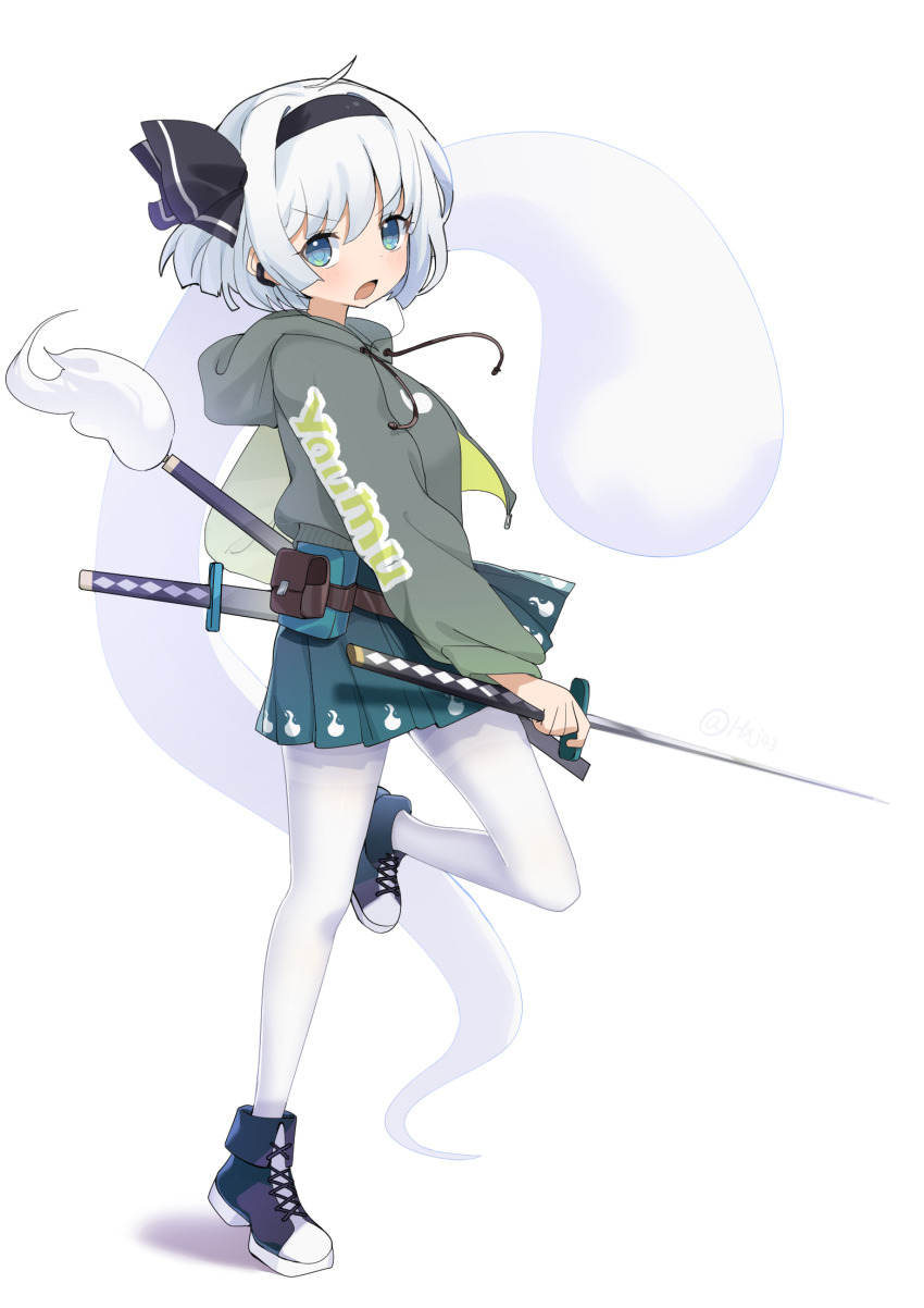 1girl alternate_costume black_hairband blue_eyes cyberpunk_(series) cyberpunk_2077 full_body green_jacket hairband highres holding holding_sword holding_weapon hxj_(2324184595) jacket konpaku_youmu looking_at_viewer open_mouth pantyhose pleated_skirt simple_background skirt solo sword touhou weapon white_background white_hair white_pantyhose