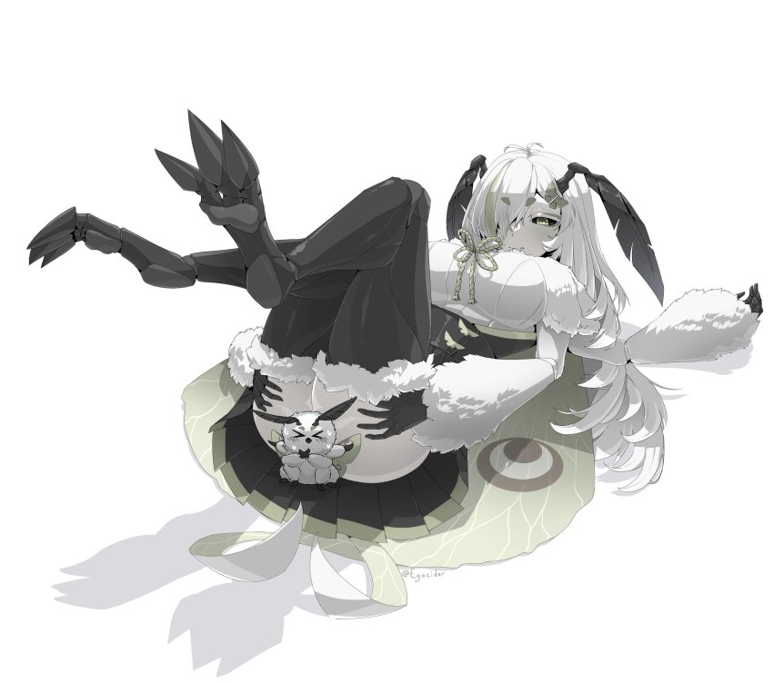 1girl absurdres antennae arthropod_girl black_sclera blush breasts bug carapace censored character_censor chibi colored_sclera colored_skin commentary english_commentary extra_arms feet feet_up fur fur_trim green_eyes hands_on_own_thighs highres indie_virtual_youtuber insect insect_girl insect_wings juniper_(artist) juniper_actias large_breasts legs_up long_hair monster_girl moth moth_girl moth_wings novelty_censor shadow simple_background soles twitter_username very_long_hair virtual_youtuber white_background white_hair white_skin wings