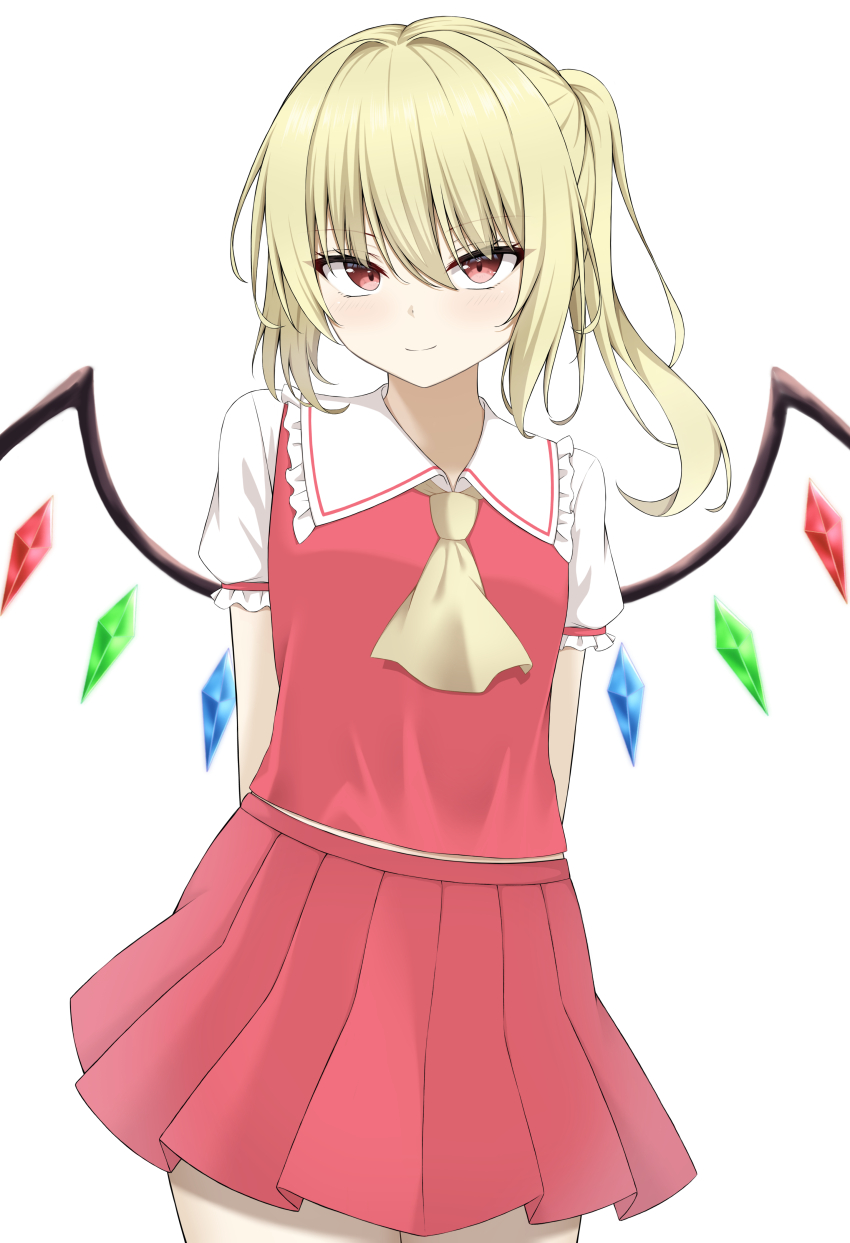 &gt;:) 1girl absurdres arms_behind_back ascot blush closed_mouth commentary_request cowboy_shot crystal_wings eyelashes eyes_visible_through_hair flandre_scarlet frilled_shirt_collar frilled_sleeves frills hair_between_eyes hair_intakes highres looking_at_viewer medium_hair midriff_peek miniskirt no_headwear paid_reward_available pleated_skirt puffy_short_sleeves puffy_sleeves red_eyes red_skirt red_vest shirt short_sleeves side_ponytail sidelocks simple_background skirt smile solo split_mouth szl touhou tsurime upturned_eyes v-shaped_eyebrows vest white_background white_shirt wings yellow_ascot