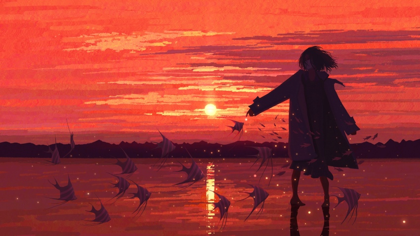 1girl absurdres animal black_eyes black_hair chinese_commentary coat commentary_request dress evening fangpeii fish floating_hair highres landscape light_particles long_sleeves mountainous_horizon ocean_sunfish orange_clouds orange_sky orange_theme original outdoors reflection reflective_water scenery school_of_fish short_hair silhouette sky sleeves_past_wrists standing standing_on_liquid sun sunset v-shaped_eyebrows