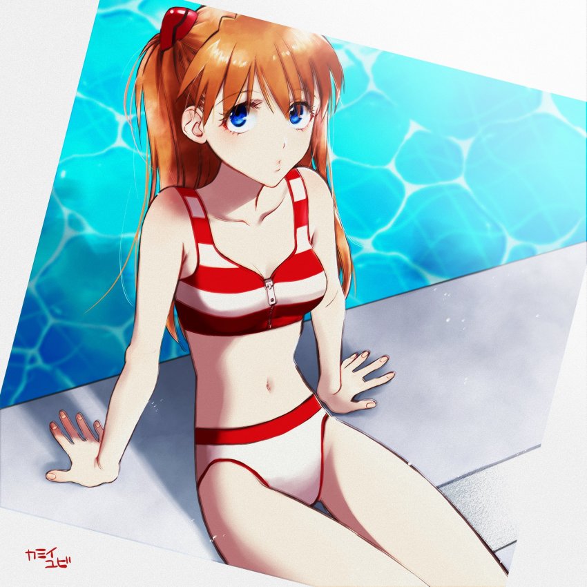 1girl :3 bare_legs bikini blue_eyes breasts brown_hair collarbone hair_between_eyes hair_ornament highres interface_headset_(evangelion) long_hair looking_at_viewer medium_breasts multicolored_bikini navel neon_genesis_evangelion sitting solo souryuu_asuka_langley striped_bikini striped_clothes swimsuit two-tone_bikini very_long_hair water wide_hips yubi_kamii