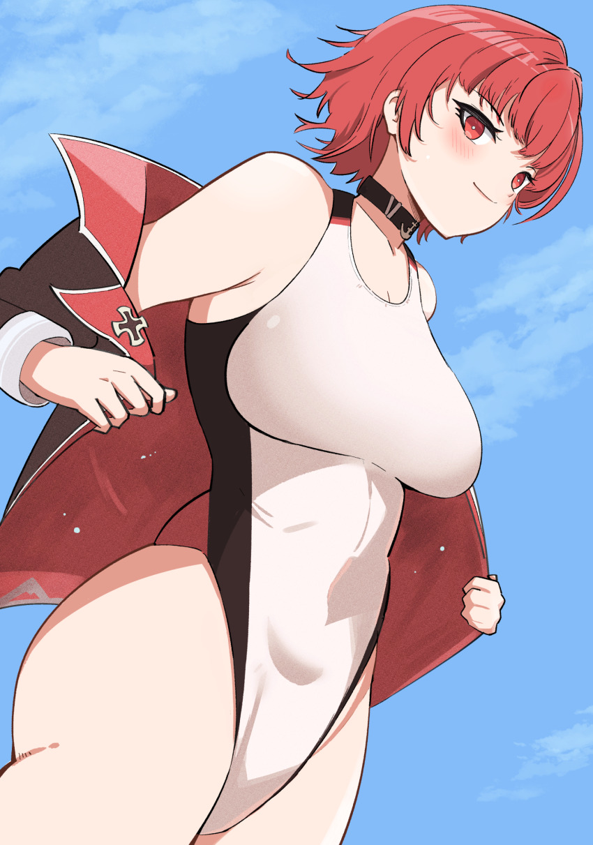 1girl adjusting_clothes azur_lane black_choker black_jacket blue_sky blunt_bangs breasts choker cleavage closed_mouth collarbone competition_swimsuit cowboy_shot cross day dutch_angle highleg highleg_one-piece_swimsuit highres iron_cross jacket large_breasts multicolored_jacket multicolored_swimsuit one-piece_swimsuit red_eyes red_hair red_jacket short_hair sky smile solo swimsuit weser_(azur_lane) weser_(wave-washed_paradise)_(azur_lane) white_one-piece_swimsuit yudofu_ice