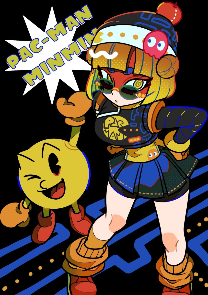 1boy 1girl @_@ arms_(game) beanie bike_shorts blonde_hair blue_skirt bob_cut bracelet dancho_no_mori english_text eye_mask from_above hand_up hands_on_own_hips hat jewelry loose_socks min_min_(arms) one_eye_closed open_mouth pac-man pac-man_(game) pleated_skirt red_shoes revision shoes short_hair skirt smile socks sunglasses yellow_eyes yellow_socks