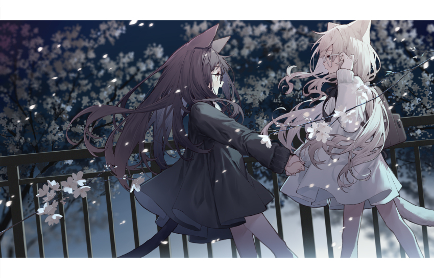 2girls :d animal_ears backpack bag black-framed_eyewear black_dress black_hair branch cat_ears cat_girl cat_tail commentary_request dress eye_contact feet_out_of_frame flower glasses grey-framed_eyewear grey_eyes hair_between_eyes highres holding_hands long_hair long_sleeves looking_at_another multiple_girls open_mouth original petals railing round_eyewear smile standing tail tokuno_yuika very_long_hair white_dress white_flower white_hair