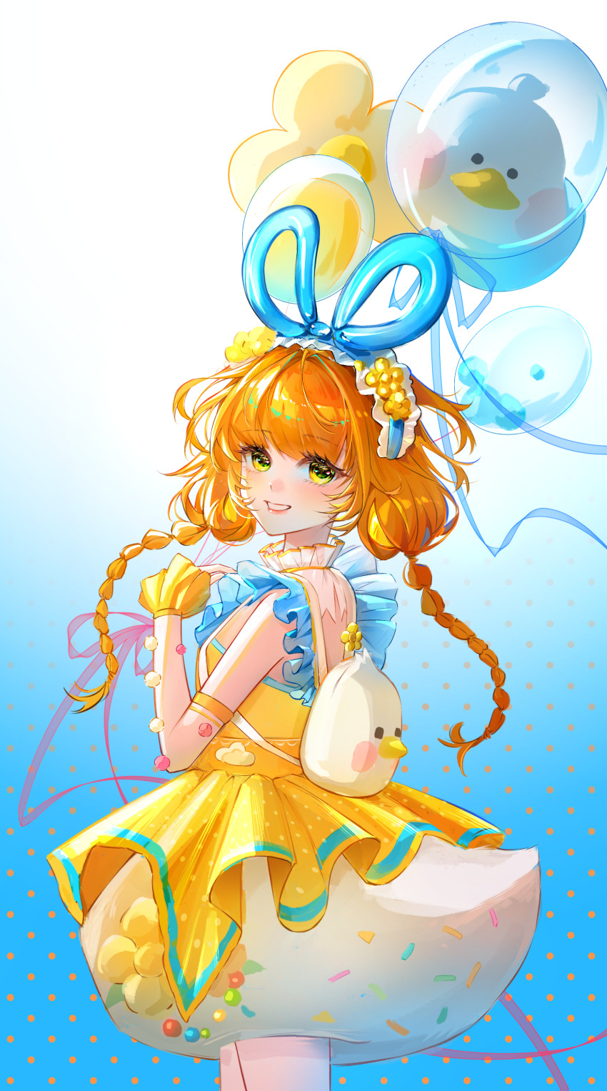 1girl absurdres animal_bag animal_balloon backless_dress backless_outfit backpack bag balloon balloon_trip_(infinity_nikki) bird blue_background blue_hairband blue_ribbon braid brown_hair bubble_skirt chinese_commentary collar commentary_request cowboy_shot detached_collar detached_sleeves dress duck duck_tail eyelashes fake_tail flower flower_balloon frilled_collar frilled_hairband frilled_sleeves frills gradient_background green_eyes grin hair_flower hair_ornament hair_ribbon hairband hand_on_own_chest happy high_collar highres holding holding_balloon infinity_nikki large_ribbon light_blush lipstick long_hair loose_hair_strand low_twin_braids makeup miniskirt nikki_(series) pink_lips polka_dot polka_dot_background pom_pom_(clothes) ribbon see-through_clothes see-through_sleeves seli_(yzjmzzr) short_dress shoulder_blades skirt skirt_under_dress sleeveless sleeveless_dress sleeves_past_wrists smile solo standing tail twin_braids white_background white_bag white_collar white_skirt white_sleeves yellow_dress yellow_flower