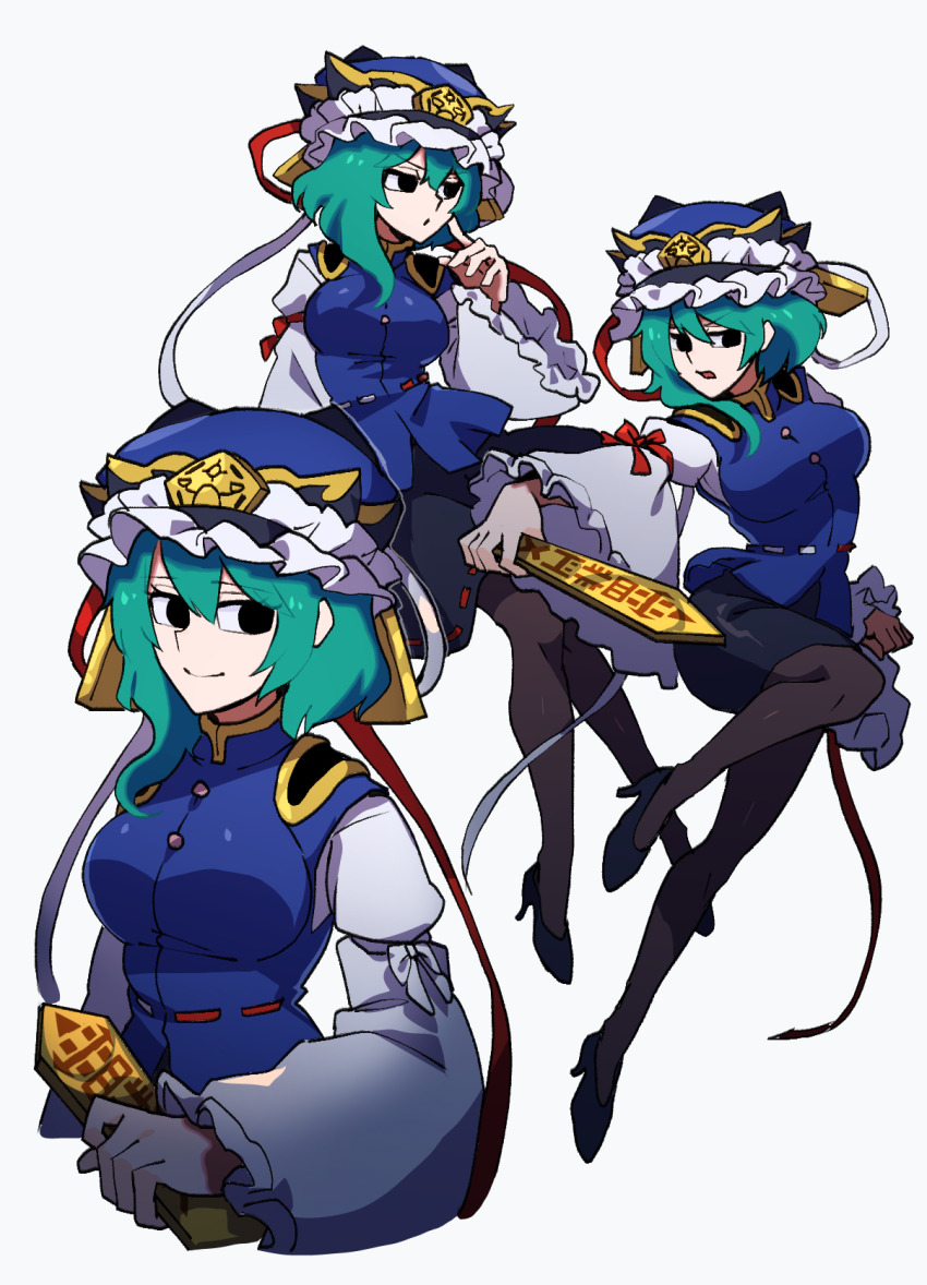 1girl black_eyes black_shoes blouse blue_vest bow breasts frilled_hat frills green_hair hat high_heels highres iganashi1 long_sleeves medium_breasts multiple_persona pantyhose ribbon rod_of_remorse shiki_eiki shirt shoes short_hair simple_background touhou vest white_background white_shirt wide_sleeves