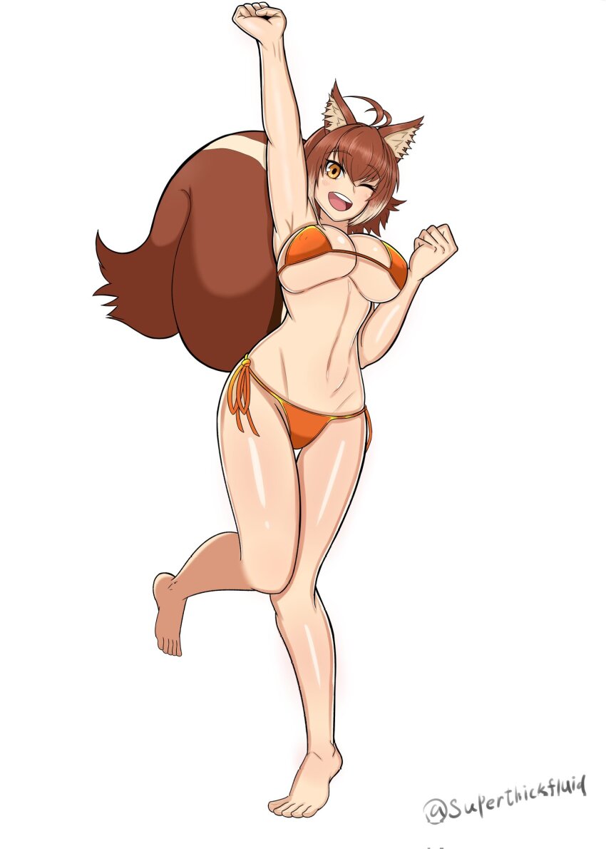 1girl alternate_costume animal_ears antenna_hair arc_system_works bikini blazblue blazblue:_central_fiction breasts brown_eyes brown_hair cleavage full_body highres large_breasts makoto_nanaya multicolored_hair one_eye_closed open_mouth orange_bikini short_hair simple_background smile solo square-w squirrel_ears squirrel_girl squirrel_tail stomach swimsuit tail thighs twitter_username two-tone_hair underboob white_background