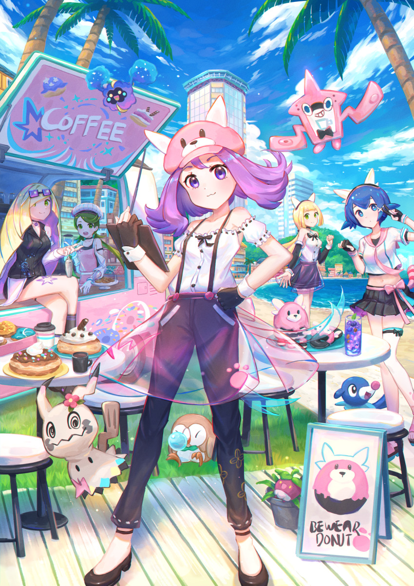 5girls acerola_(pokemon) alternate_color alternate_costume bewear blonde_hair blue_hair bounsweet building closed_mouth cloud commentary_request cosmog crossed_legs day eyewear_on_head game_freak gen_4_pokemon gen_7_pokemon gloves grass green_hair hair_ornament hat highres kutsunohito lana_(pokemon) legendary_pokemon lillie_(pokemon) long_hair lusamine_(pokemon) mallow_(pokemon) mimikyu multiple_girls nintendo off-shoulder_shirt off_shoulder outdoors palm_tree pants partially_fingerless_gloves pink_hat pink_sailor_collar pleated_skirt pokemon pokemon_(anime) pokemon_sm_(anime) popplio purple_eyes purple_hair rotom rotom_dex rowlet sailor_collar sand shiny_pokemon shirt shore sitting skirt sky smile standing stool sunglasses suspenders table tree twintails water white_shirt x_hair_ornament