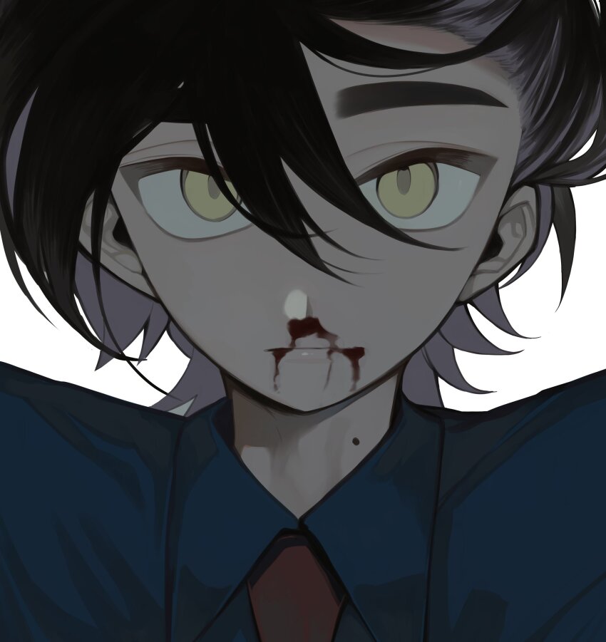 1boy absurdres black_hair blood blood_on_face close-up collared_shirt commentary hair_between_eyes hei_tai_(kyaputen1) highres kieran_(pokemon) looking_at_viewer male_focus mole mole_on_neck necktie nintendo nosebleed pokemon pokemon_sv portrait shirt short_hair solo symbol-only_commentary white_background yellow_eyes
