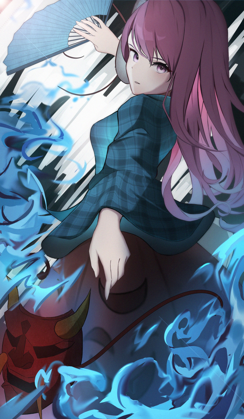 1girl absurdres blue_shirt breasts bubble_skirt cowboy_shot from_side hand_fan hata_no_kokoro highres holding holding_fan long_hair looking_at_viewer looking_to_the_side medium_breasts palulap pink_eyes pink_hair pink_skirt shirt skirt solo touhou