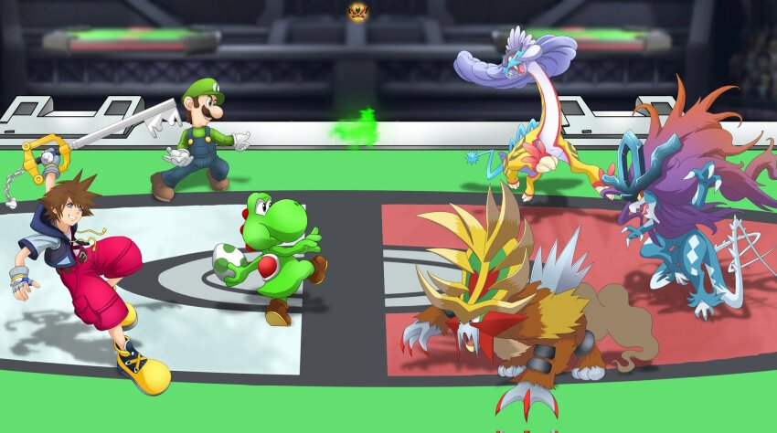 bad_source battle commission commissioner_upload crossover exoticbat fighting gen_9_pokemon gouging_fire highres kingdom_hearts luigi mario_(series) multiple_crossover nintendo pokemon raging_bolt sora_(kingdom_hearts) stadium super_smash_bros. walking_wake yoshi