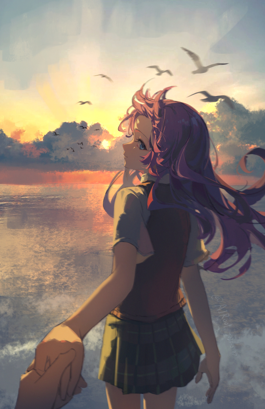 2girls absurdres airool arm_at_side backlighting bang_dream! bang_dream!_it&#039;s_mygo!!!!! bird blue_eyes brown_sweater_vest chihaya_anon chinese_commentary cloud collared_shirt commentary_request cowboy_shot dusk floating_hair flock from_behind green_skirt haneoka_school_uniform highres holding_hands light_particles long_hair looking_at_viewer looking_back miniskirt multiple_girls nagasaki_soyo ocean orange_sky outdoors pink_hair plaid_clothes plaid_skirt pov pov_hands profile reflection reflective_water school_uniform seagull shirt shore short_sleeves sideways_glance skirt sky summer_uniform sweater_vest white_shirt