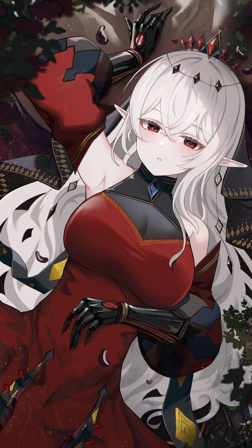 1girl absurdres arm_up armpits black_tiara blazing_cartesia_the_virtuous breasts cleavage detached_sleeves dress duel_monster ecclesia_(yu-gi-oh!) gimyogi hand_on_own_stomach highres large_breasts leaf long_hair looking_at_viewer lying on_back open_mouth pointy_ears red_dress red_eyes solo tiara veil white_hair yu-gi-oh!